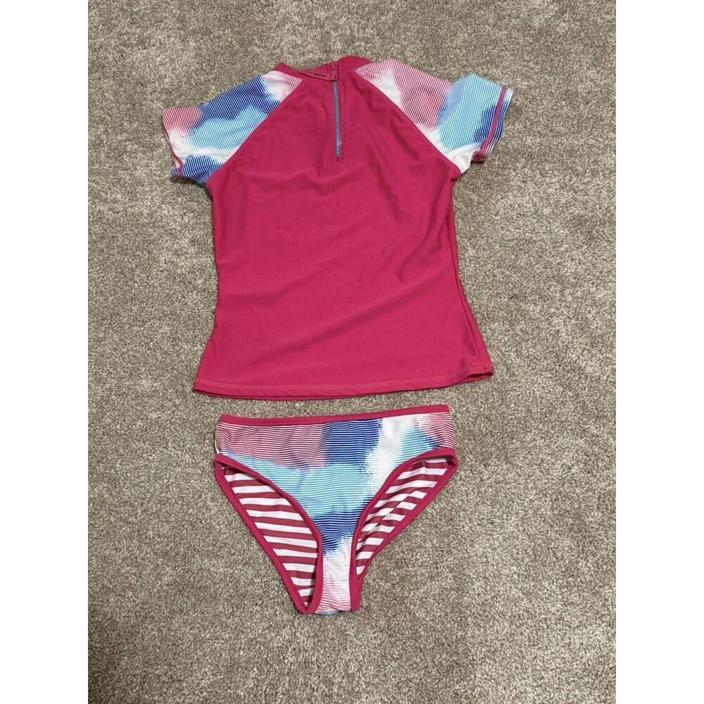Eddie Bauer Girls Swimsuit Set Short Sleeve Rash Guard Bikini Bottoms   Size 7/8